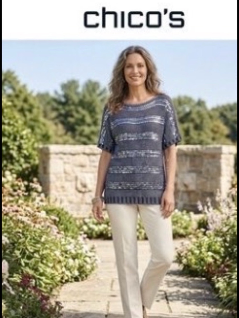 #445| (L)Chico's metallic Navy/silver Striped Open-Knit Off-Shoulder Sweater